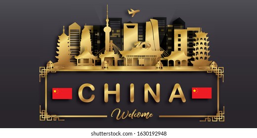 China with Gold Travel postcard, poster, tour advertising of world famous landmarks in paper cut style. Vectors illustrations