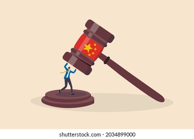 China government regulations to manipulate or control company with new rules concept, businessman business owner or investor try to survive from big gavel hammer with Chinese flag.