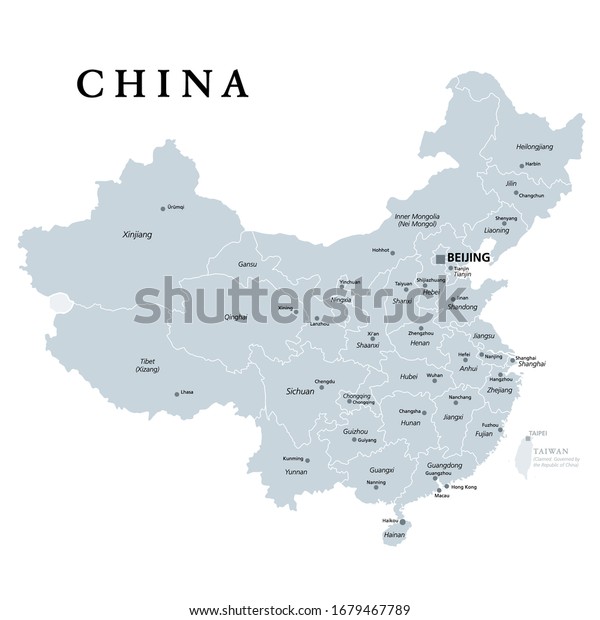 China, gray political map, with administrative
divisions. PRC, People's Republic of China with capital Beijing,
provinces with capitals and borders. English labeling. Illustration
over white. Vector.