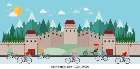 China and the Great Wall of China. flat design