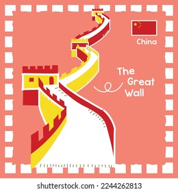 China the great wall landmark illustration with cute stamp design