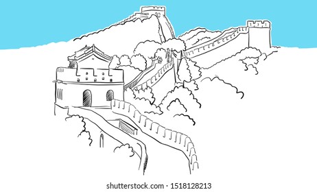 China Great Wall Lineart Vector Sketch. and Drawn Illustration on blue background.