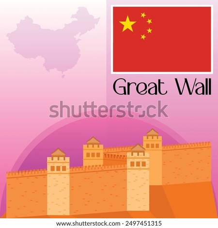 China Great Wall Vector Illustration Clipart, World Famous Places Art, China Map And Flag Vector Art, China Series Of Forts