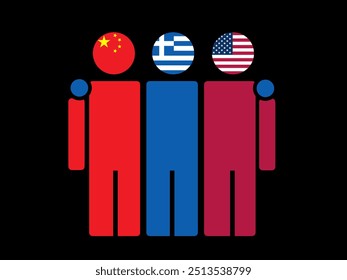 China, Grécia e EUA Bandeiras Nacionais Com Corpo Abraçante. Ilustração de vetor. Plano de fundo isolado.