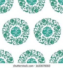 China green flower mascot Vector abstract seamless pattern. Vintage art deco texture , Ideal for greeting card or backdrop template design , China background