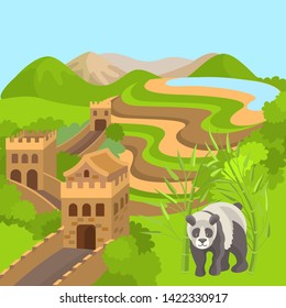 China green landscape abstract. Vector illustration, eps10. China symbols panda bear, Chinese Great Wall. Poster, infographic and postcard design background.