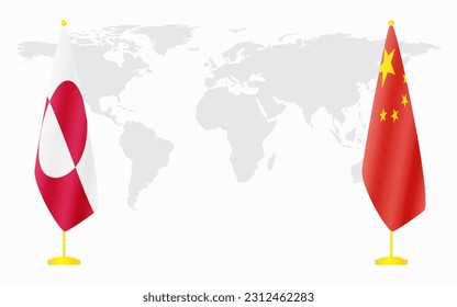 China and Greenland flags for official meeting against background of world map.