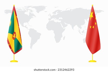 China and Grenada flags for official meeting against background of world map.