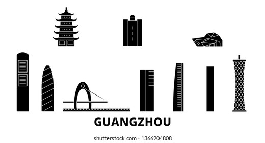 China, Guangzhou City flat travel skyline set. China, Guangzhou City black city vector illustration, symbol, travel sights, landmarks.