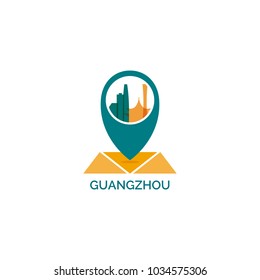 China Guangzhou map city pin point geolocation modern skyline shape pointer vector flat logo icon illustration