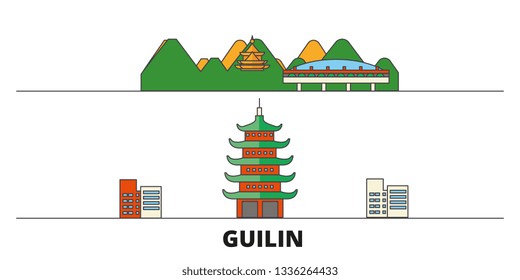 China, Guilin flat landmarks vector illustration. China, Guilin line city with famous travel sights, skyline, design. 
