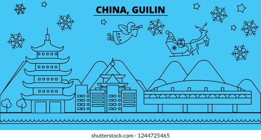 China, Guilin winter holidays skyline. Merry Christmas, Happy New Year decorated banner with Santa Claus.China, Guilin linear christmas city vector flat illustration