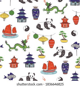 China hand drawn objects seamless vector pattern