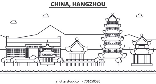 China, Hangzhou architecture line skyline illustration. Linear vector cityscape with famous landmarks, city sights, design icons. Landscape wtih editable strokes