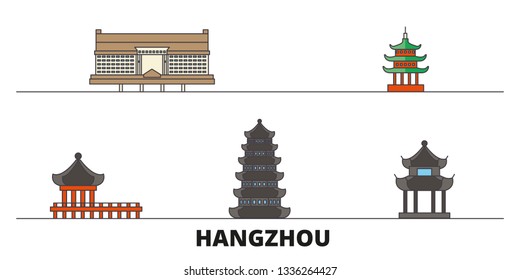 China, Hangzhou flat landmarks vector illustration. China, Hangzhou line city with famous travel sights, skyline, design. 