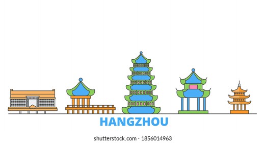 China, Hangzhou line cityscape, flat vector. Travel city landmark, oultine illustration, line world icons