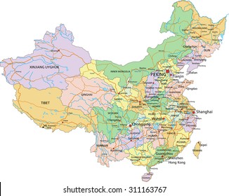 China - Highly detailed editable political map with labeling.