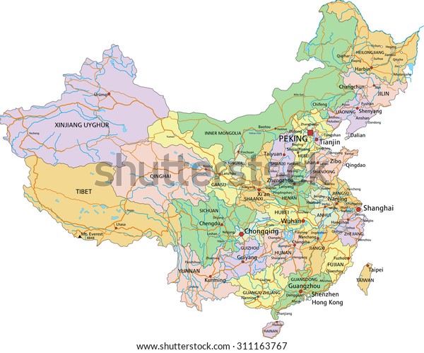 中国 ラベルと 編集可能な極めて詳細な政治地図 のベクター画像素材 ロイヤリティフリー