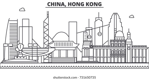 China, Hong Kong 1 architecture line skyline illustration. Linear vector cityscape with famous landmarks, city sights, design icons. Landscape wtih editable strokes