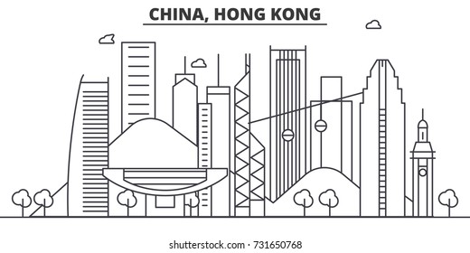 China, Hong Kong architecture line skyline illustration. Linear vector cityscape with famous landmarks, city sights, design icons. Landscape wtih editable strokes