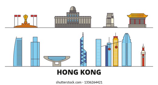 China, Hong Kong City flat landmarks vector illustration. China, Hong Kong City line city with famous travel sights, skyline, design. 