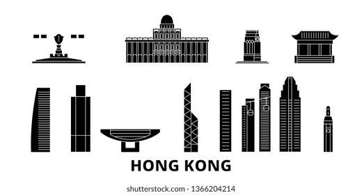 China, Hong Kong City flat travel skyline set. China, Hong Kong City black city vector illustration, symbol, travel sights, landmarks.