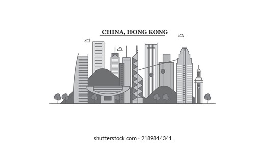 China, Hong Kong city skyline isolated vector illustration, icons
