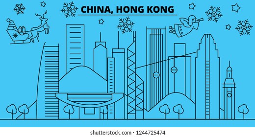 China, Hong Kong city winter holidays skyline. Merry Christmas, Happy New Year decorated banner with Santa Claus.China, Hong Kong city linear christmas city vector flat illustration