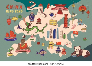 China Hong Kong hand drawn vector map print