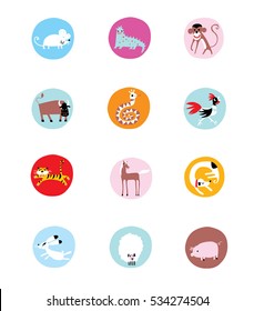 China horoscope animals icons in cartoon style. Vector illustration.