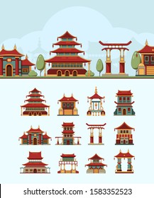 China houses. Traditional east buildings beautiful roof japan architectural objects vector flat illustrations