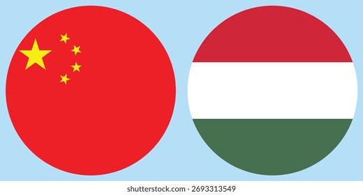 Vector de bandera circular de China y Hungría con fondo azul claro 