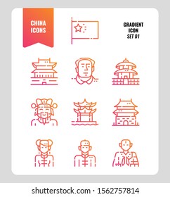 China icon set 1. Include People, Traditional architecture, flag and more. Gradient icons Design. vector illustration