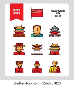 China icon set 1. Include People, Traditional architecture, flag and more. Filled Outline icons Design. vector illustration