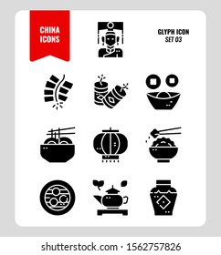 China icon set 3. Include People, food, Traditional Culture, Object and more.  Glyph icons Design. vector illustration
