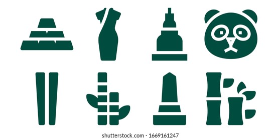 china icon set. 8 filled china icons. Included Chopsticks, Ingots, Bamboo, Cheongsam, Monument, Temple, Panda icons