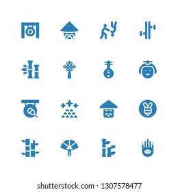 china icon set. Collection of 16 filled china icons included Buddhism, Bamboo, Paper fan, Yuan, Chinese, Ingots, Gong, Japanese, Yueqin, Chinese knot, Tonfa, Aikido