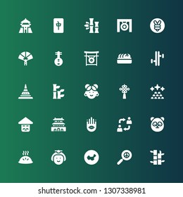 china icon set. Collection of 25 filled china icons included Bamboo, Pacifism, China, Japanese, Dumpling, Panda, Alternate, Buddhism, Forbidden city, Chinese, Ingots, Chinese knot