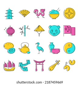 China icon set in colored line style. Chinese traditional symbols. Vector illustration.