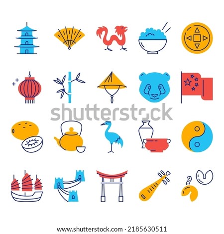 China icon set in colored line style. Chinese traditional symbols. Vector illustration.