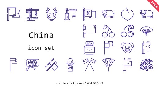 conjunto de iconos de china. estilo de icono de línea. iconos relacionados con china como viburnum, plum, cereza, grúa, bandera, banderas, buey, vaca, virus, linterna, cerdo, ventilador, tinta china, 