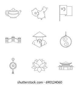 China icon set. Outline style set of 9 country of China vector icons for web isolated on white background