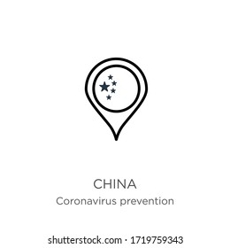 China icon. Thin linear china outline icon isolated on white background from Coronavirus Prevention collection. Modern line vector sign, symbol, stroke for web and mobile