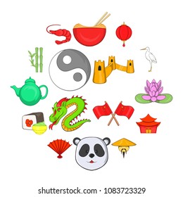 China icons set in cartoon style isolated on white background