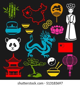 China icons set. Chinese symbols and objects.