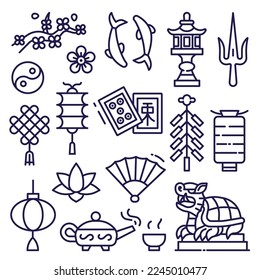 China icons set with religious and astrological clip art elements in line art. Asian cultural and traditional symbols collection.