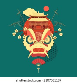 China illustration with asian dragon, pagoda temple, cherry blossom, bamboo, cloud and sun . Traditional Chinese style.