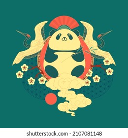 China illustration with panda bear, flying cranes, fan, clouds and sun. Traditional Chinese graphic element.