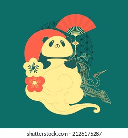 China illustration with panda bear, flying cranes, fan, clouds and sun. Traditional Chinese graphic element.