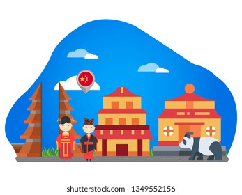 China Illustration of vector flat design postcard with famous world landmarks icons, traditional clothes